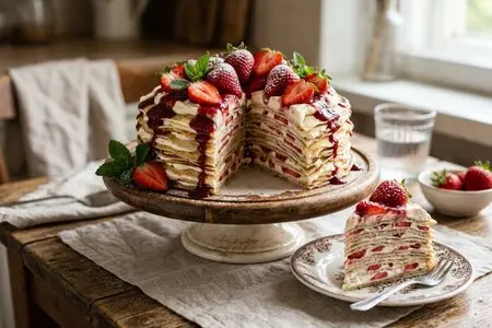 Блинный торт с клубникой и сливочным сыром: многослойный десерт без выпечки коржей