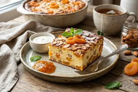 Творожная запеканка с курагой и миндалём: полезная выпечка без муки и сахара