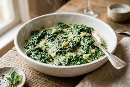 Шпинат со сливками и чесноком - идеальный гарнир к мясу за 10 минут