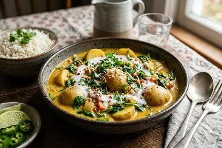 Карри из молодого картофеля и шпината с кокосовым молоком - веганский ужин