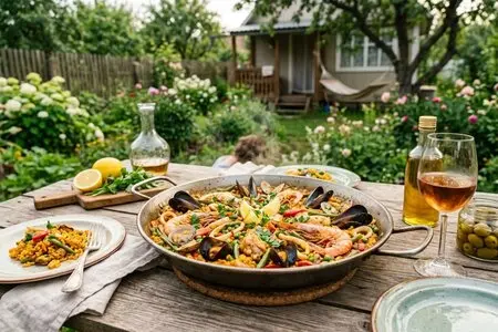Паэлья с курицей и зеленым горошком - испанское блюдо на русской даче