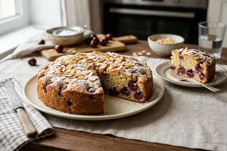 Шарлотка с вишней без косточек и миндальной крошкой - сочная классика