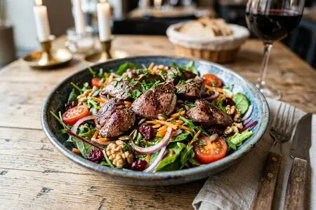 Теплый салат с куриной печенью и карамелизированным луком: сытный, но легкий ужин