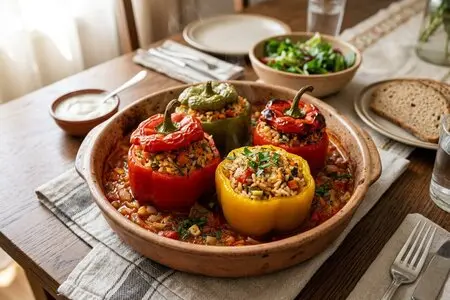 Болгарский перец, фаршированный рисом и овощами: постная версия с томатным соусом