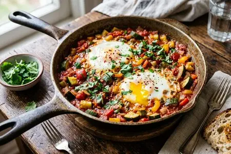 Шакшука с молодыми кабачками и черри: израильский завтрак, который готовится в одной сковороде за 15 минут