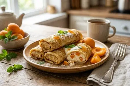 Блинчики с творогом и абрикосами: нежные, тонкие и с сочной начинкой, которые тают во рту