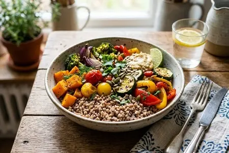 Боул с гречкой и сезонными овощами: сытный обед, который едят холодным и не греют в общей микроволновке