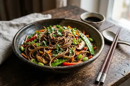 Холодная лапша соба с овощами и кунжутным соусом: освежающий обед в жару, который бодрит лучше кофе