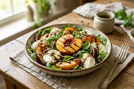 Салат с моцареллой, персиками и рукколой: изысканная закуска, которая готовится за 5 минут