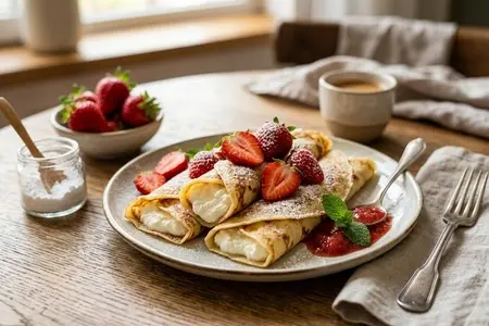 Блинчики с творогом и свежей клубникой: нежный завтрак, который можно приготовить с вечера
