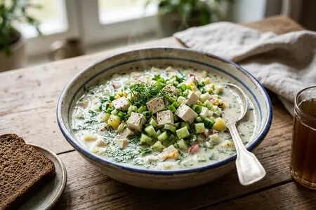 Окрошка с тофу и огурцом: вариант для вегетарианцев, который по вкусу не уступает классике