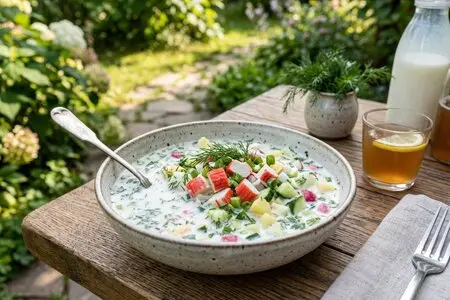 Окрошка с крабовыми палочками и кукурузой: вариант, который понравится детям