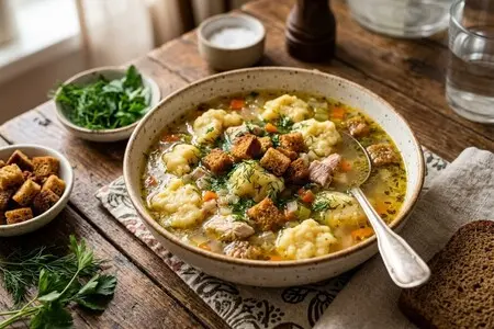 10 рецептов супов с клецками и гренками: сытные, простые, как у бабушки