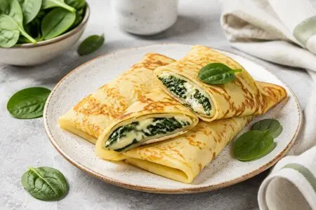 Приготовьте вкусные блинчики со шпинатом и сыром: несладкие, сытные, идеальные для завтрака