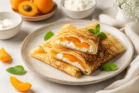 Блины с абрикосами и творогом: готовим летний десерт, который тает во рту