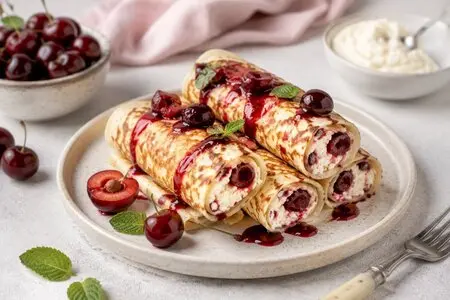 Лучший рецепт блинчиков с черешней и маскарпоне: ресторанный завтрак дома за 20 минут