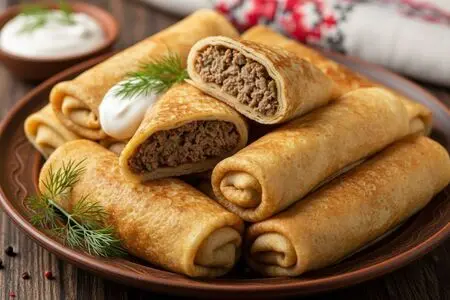 Блины с курицей, блинчики фаршированные мясом