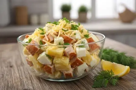 Салат с копченой курицей и ананасами