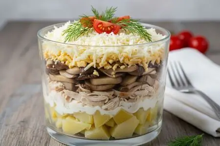 Слоеный салат с курицей, грибами и картофелем: лучшие вариации