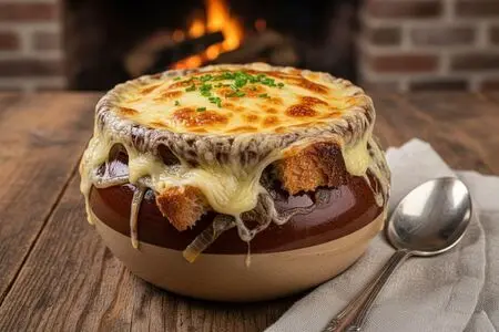 Луковый суп, запеченный с сыром
