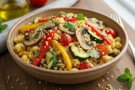 Кускус с овощами и грибами в микроволновой печи за 5 минут