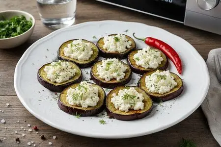 Быстрая закуска из баклажан с творогом и чесноком в СВЧ