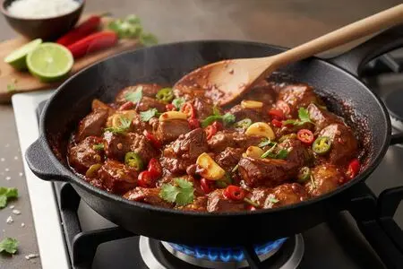 Куриная печень с чили и томатным соусом в микроволновке