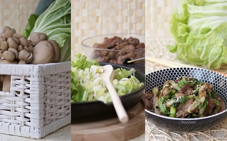 Куриные сердечки и печенка с китайской капустой: шаг 3