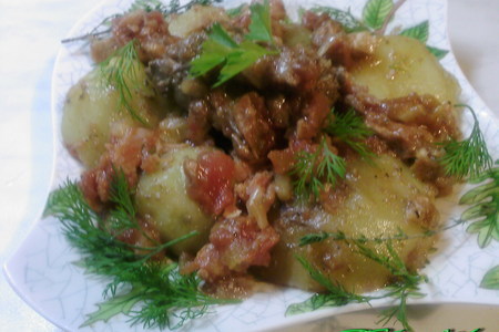 Картофель с цыплячьей печенью и беконом в яблочно-тимьяновом соусе: шаг 9