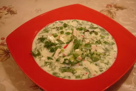 Окрошка  на кефире с курицей и шпинатом: шаг 5