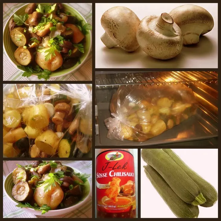 Картофель, шампиньоны и цуккини с соусом - чили, в рукаве: шаг 1