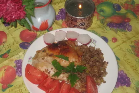 Курочка с гречей и луком-пореем из духовки.: шаг 4