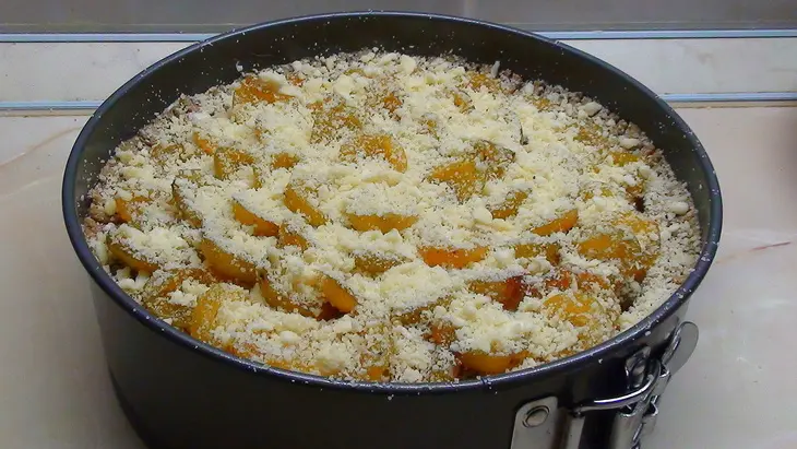 Пирог со сливой, под творожной крошкой, на корже из гречневой муки с маком.: шаг 11