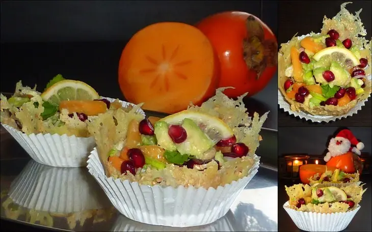 Порционный салат-закуска с хурмой и форелью в сырных корзинках: шаг 2