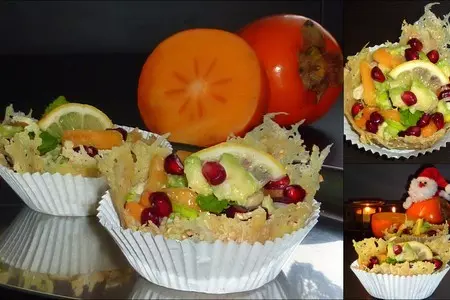 Порционный салат-закуска с хурмой и форелью в сырных корзинках: шаг 2