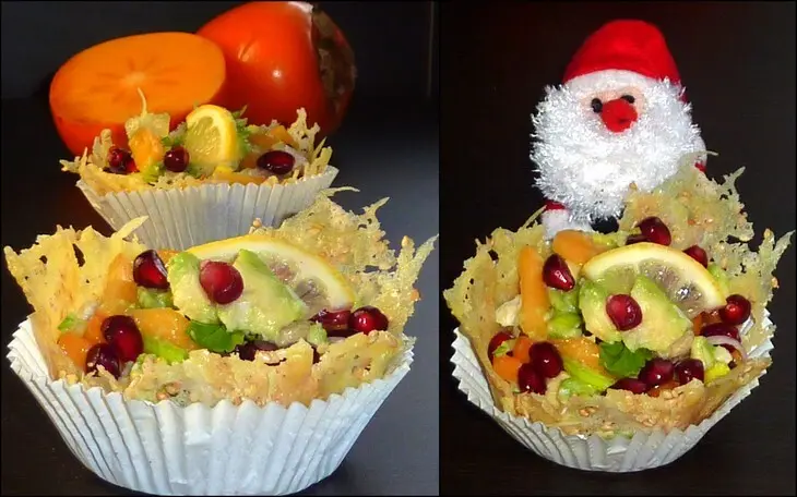 Порционный салат-закуска с хурмой и форелью в сырных корзинках: шаг 3