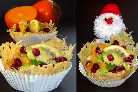 Порционный салат-закуска с хурмой и форелью в сырных корзинках: шаг 3