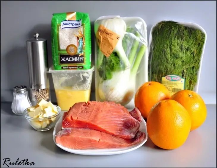 Красная рыба с укропным маслом и апельсиновым фенхелем.: шаг 1