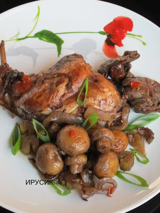 Кролик с куриной печенью и шампиньонами.: шаг 9