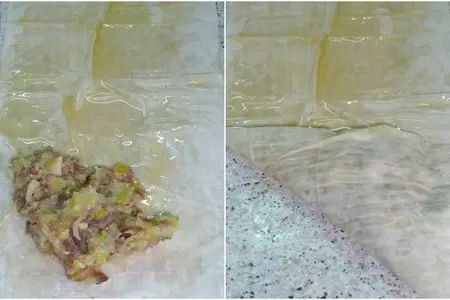 Греческие треуголки из теста фило с курино-луковой начинкой: шаг 10