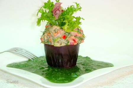 Баклажан, фаршированный креветочным салатом " на изумрудной волне": шаг 8