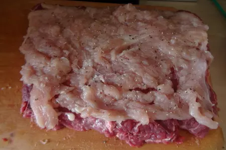 Рулет из говядины с курицей и белыми грибами в соевом соусе: шаг 1