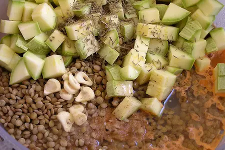 Чечевица, томленная в морковном соке с кабачками и шпинатом. (обретение легкости: тест-драйв): шаг 3