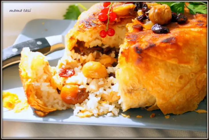 Плов в лаваше, с курятиной, каштанами и сухофруктами: шаг 6
