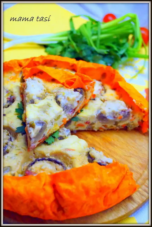 Заливной пирог с овощами и фаршированными грибами. сливочно-сырный, очень аппетитный. тест-драйв.: шаг 9
