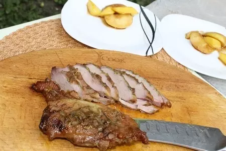 Утиная грудка с апельсиновым джемом, соусом карри и  карамелизированым фруктами.: шаг 8