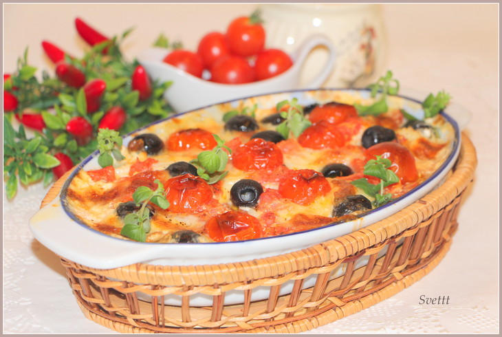 Филе трески, запеченное с моцареллой, оливками и помидорами: шаг 6