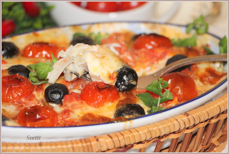 Филе трески, запеченное с моцареллой, оливками и помидорами: шаг 8