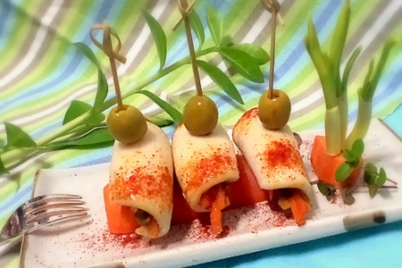 Легкая закуска- рулеты из кальмаров с морковью, овощами и оливками! для нашей зайки (krolya)!: шаг 5