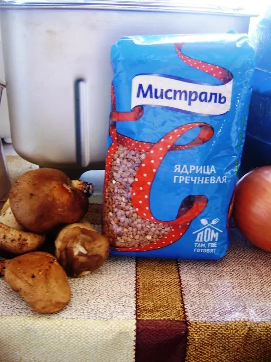 Хлеб с гречкой, грибами и жареным луком: шаг 1